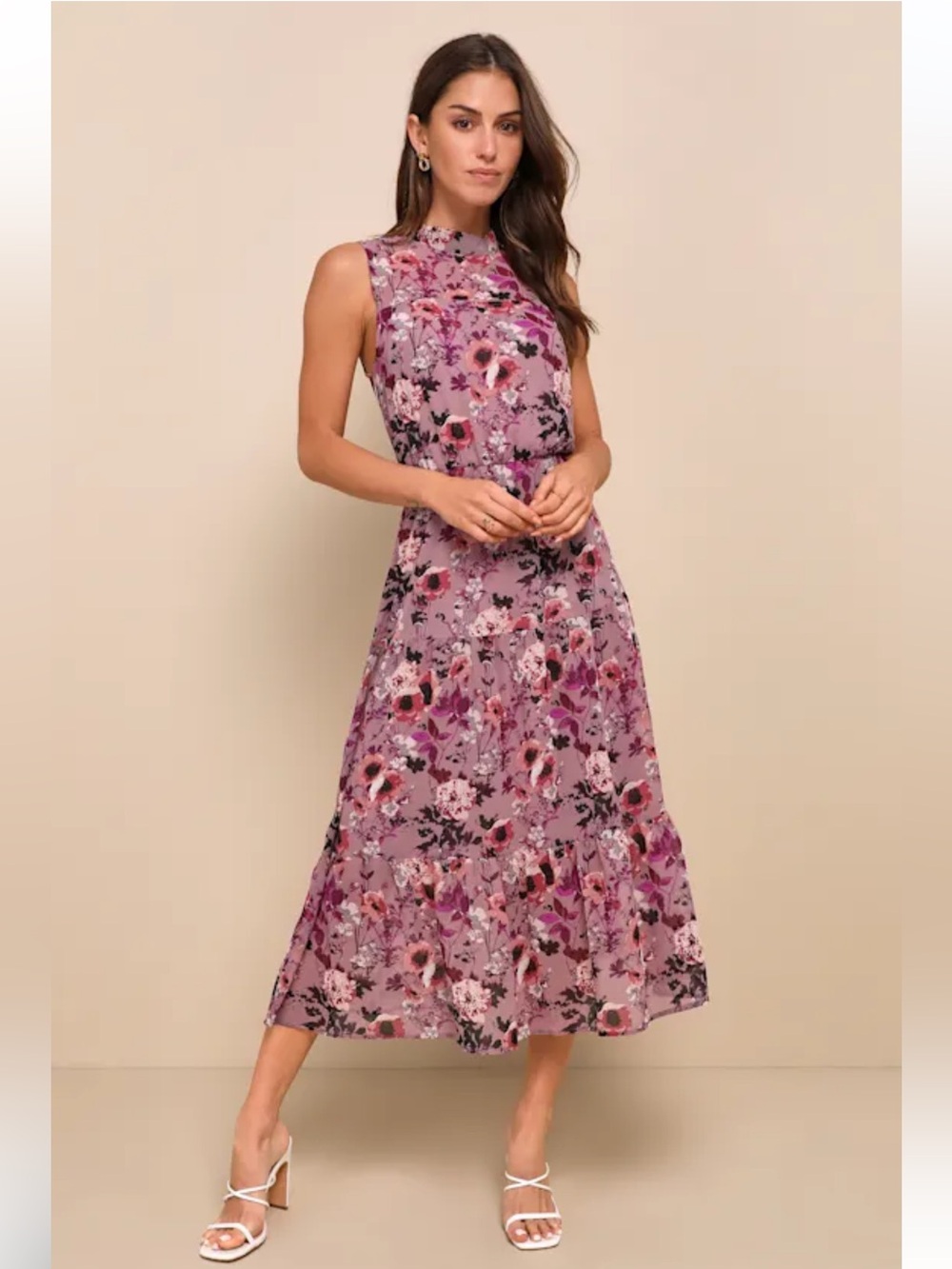 Lulu's In My Dreams Floral Print Sleeveless Midi Dress Mauve Sheer small NWT